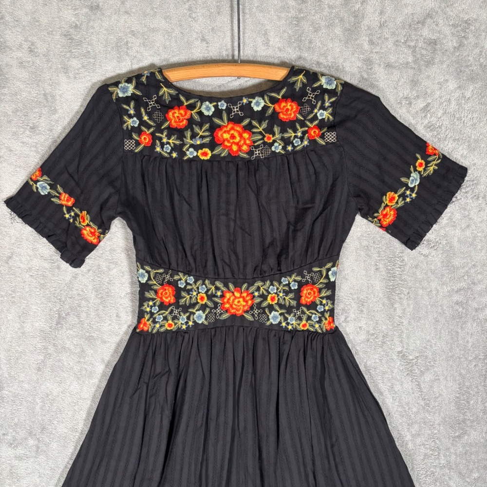 ROOLEE Black Floral Embroidered Cotton Button Front Midi Dress XXS NWT Cottage - Picture 9 of 14